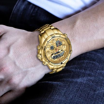 Gents Heavy Large Gold Dual Time Face Silver Stainless Steel Bracelet Watch Box