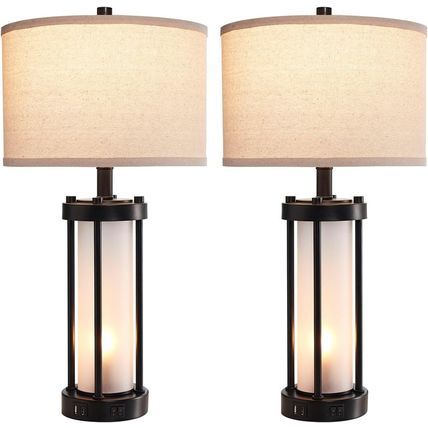 RORIA Set of 2 Modern Table Lamps for Living Room with 2 USB Ports, White Froste
