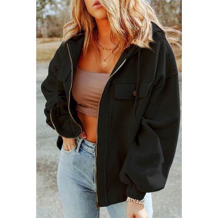 Black Plus Size Bishop Sleeve Zip Up Hooded Jacket