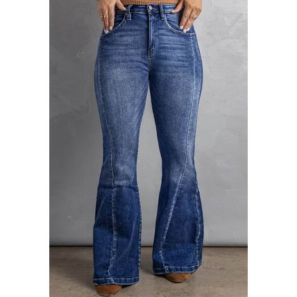 Dark Blue Plus Size Stitching Washed Flare Jeans