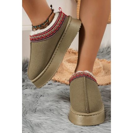 Sage Green Suede Contrast Print Round Toe Plush Lined Flats