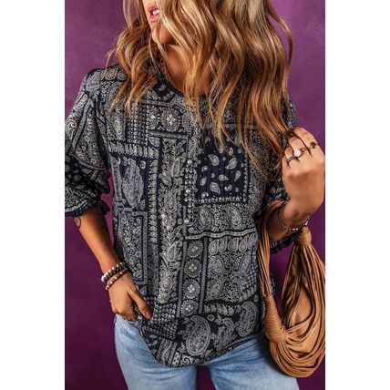 Navy Blue Vintage Boho Paisley Print 3/4 Sleeve Blouse