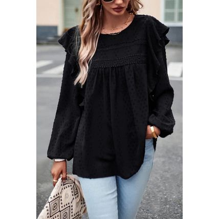 Black Lace Eyelet Ruffle Shoulder Long Sleeve Blouse