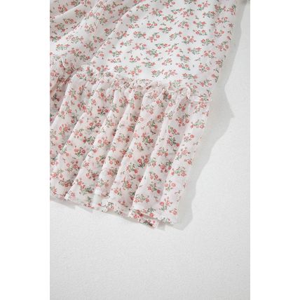 White Floral Print Shirred Ruffled Hem Square Neck Midi Dress