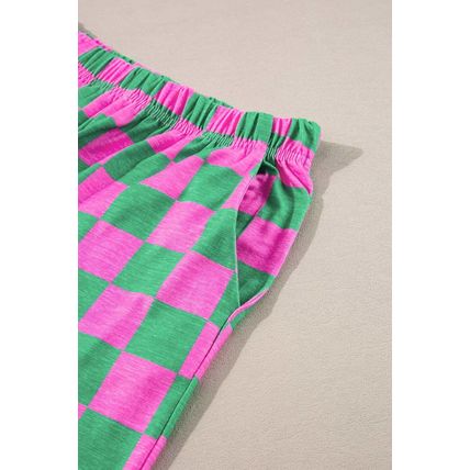 Green 2-Tone Checked Print High Waist Wide Leg Pants