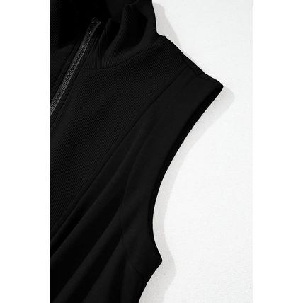 Black French Terry Zipped Collar Sleeveless Drawstring Waist Mini Dress