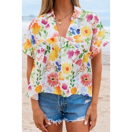 Yellow Floral Boxy Fit Ruffled Short Sleeve V Neck Blouse