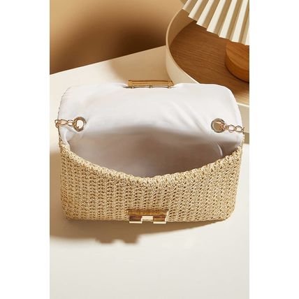 Camel Woven Chain Strap Flap Shoulder Bag