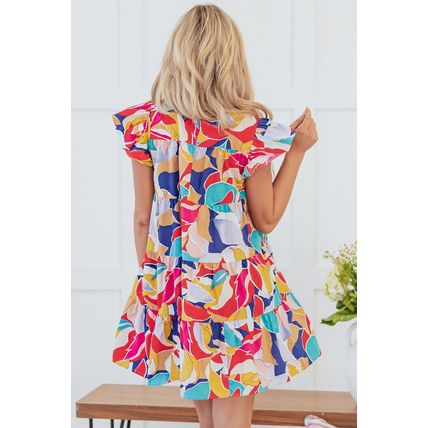 Pink Abstract Printed Ruffled Flutter Sleeve Tiered Mini Dress