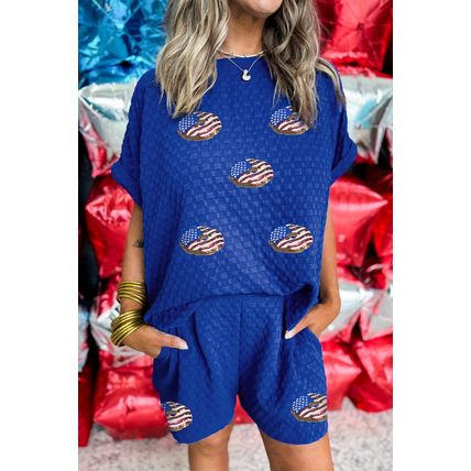 Sky Blue Textured USA Flag Doughnut Graphic Buttoned Back Tee and Shorts