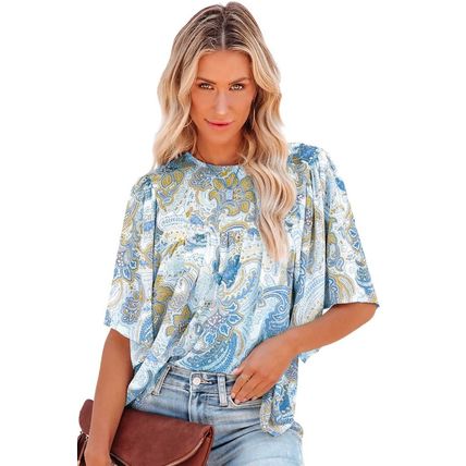 Sky Blue Paisley Print Wide Sleeves Loose Blouse