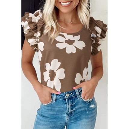 Brown Floral Textured Ruffled Short Sleeve Square Neck Blouse