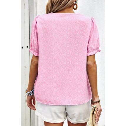 Pink Floral Embroidered Puff Sleeve Notched V Neck Blouse