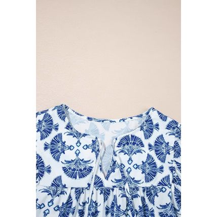 Sky Blue Geometric Print Tassel Drawstring V Neck Blouse