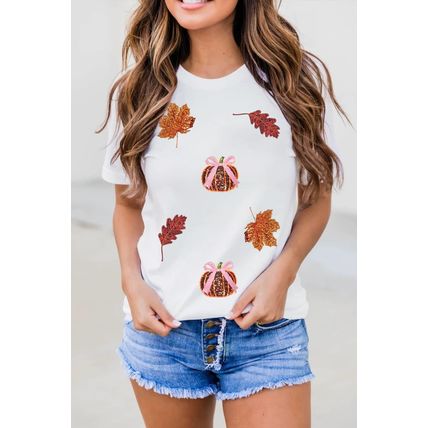 White Sequined Pumpkin Leaves Fall Vibe Graphic T Shirt