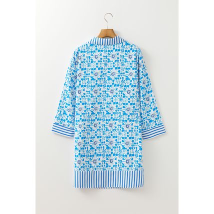 Sky Blue Contrast Striped Trim Floral Shift Fit Fall Dress