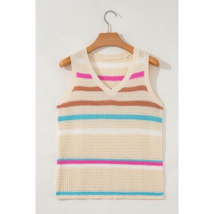 Khaki Stripe Textured Knit V Neck Sweater Vest