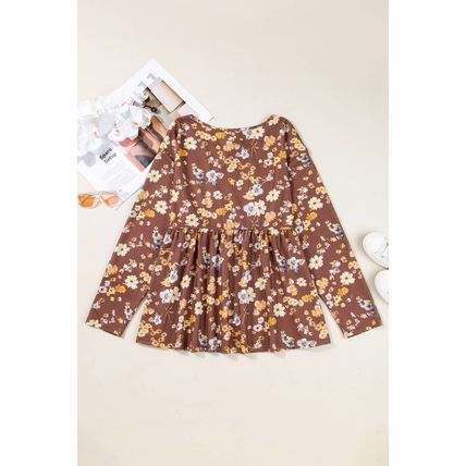 Khaki Floral Textured Tied Neck Long Sleeve Plus Size Babydoll Blouse