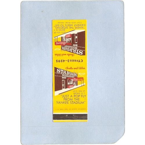 New York Bronx Sport Baseball Matchcover Chuck & Eddies Stadium Restaurant~208