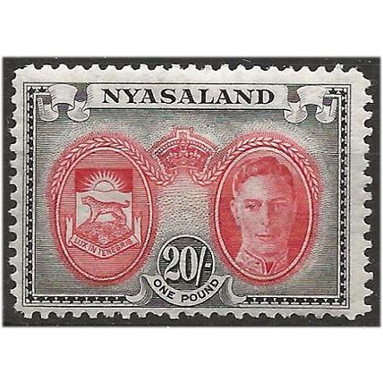 Nyasaland 1945 SG157 20/- Scarlet & Blue Mounted Mint . .. .