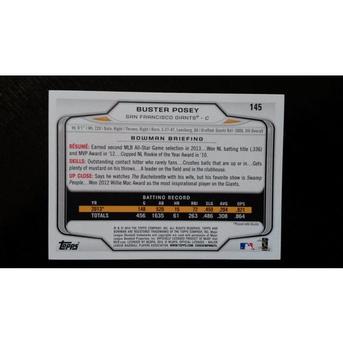 2014 Bowman Card # 145 Buster Posey Mint (9) San Francisco Giants
