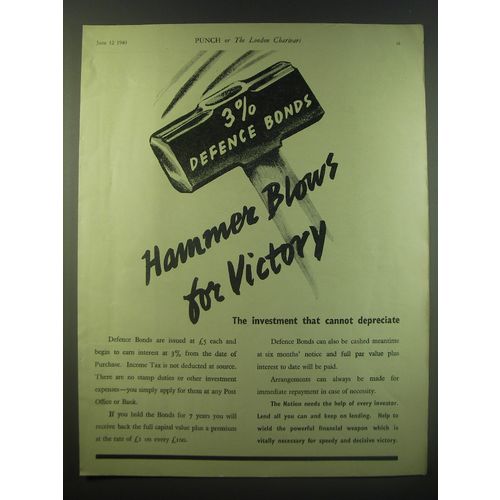 1940 Defence Bonds Ad - 3% Defence Bonds Hammer Blows for Victory