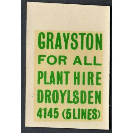 1950s Grayston Plant Hire, Droylsden waterslip transfer label