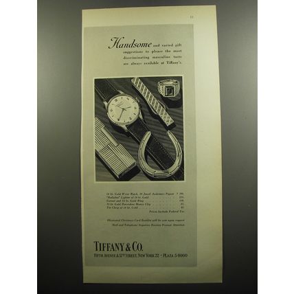 1952 Tiffany & Co. Ad - Wrist Watch, Rollalite Lighter, Ring, Money Clip