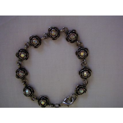 Vintage signed PD Bracelet Rose Flower Chain Link Aurora Borealis Crystal Stones