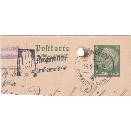 Munchen postmark + slogan Germany 1938 on Von Hindenburg 6pf VGC