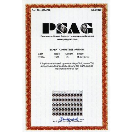 1789A, MNH 15¢ Red Color Missing From Top Right Stamp PSAG Cert * Stuart Katz