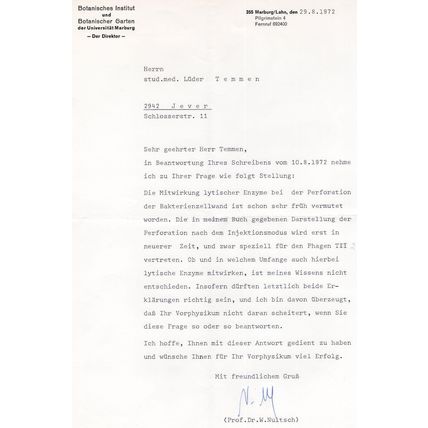 Wilhelm Nultsch German Botanist 1972 Hand Signed Letter