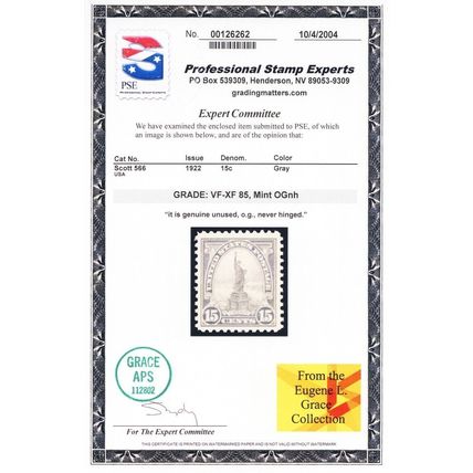 566, Mint VF/XF NH 15¢ - PFC Certificate Graded 85 * Stuart Katz