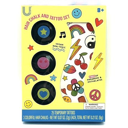 U Style Hair Chalk & Tattoo Set-25 Temporary Tattoos & 3 Hair Chalks-Ages 8+