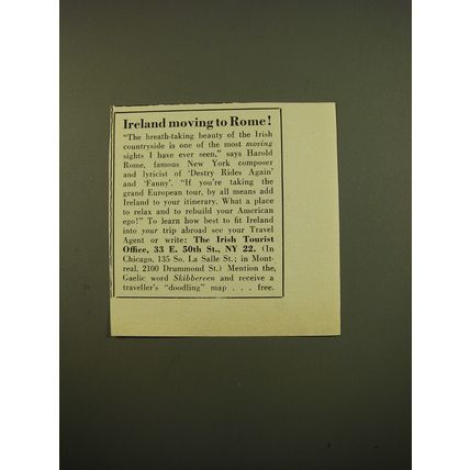 1961 The Irish Tourist Office Advertisement - Ireland moving to Rome!