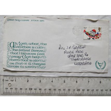1981 Post Office first day cover Christmas, Guildford to Thongsbridge