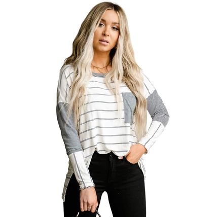 Stripe Patchwork High Low Side Slits Long Sleeve Top