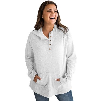 Gray Plus Size Kangaroo Pocket Henley Button Hoodie