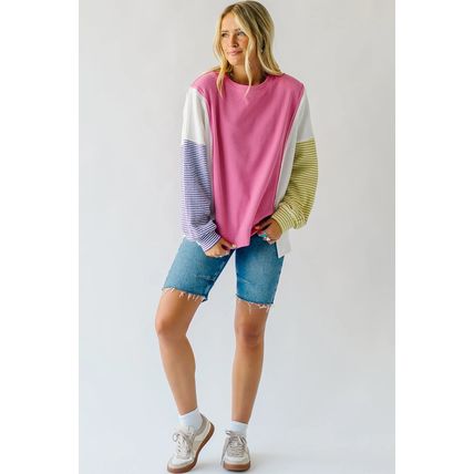 Sachet Pink Exposed Seam Striped Color Block Patchwork Long Sleeve Top
