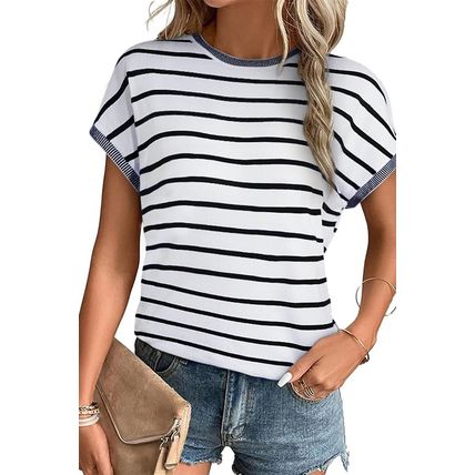 White Stripe Knitted Bat Sleeve T Shirt
