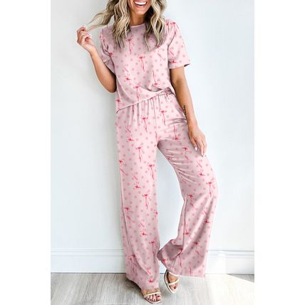Pink Bow Knot Polka Dot Print Short Sleeve Top Lounge Set