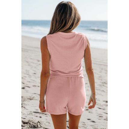 Gossamer Pink Ribbed Button V Neck Tank Top and Shorts Set