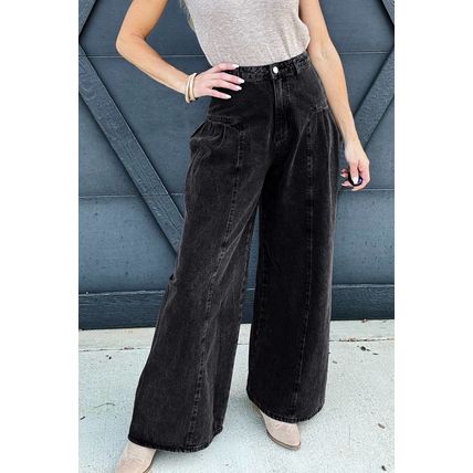 Dark Grey Pleated Wide Leg Mineral Wash Denim Pants