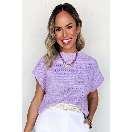 Lavendula Pointelle knit Ribbed Trim Short Sleeve Sweater