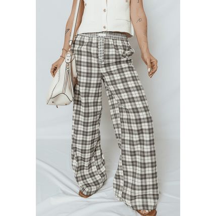 Gray Plaid Wide Leg Casual Pants