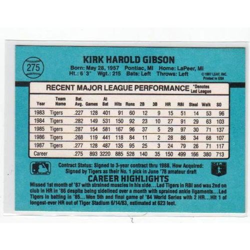 1988 Donruss Kirk Gibson baseball card #275 – Tigers