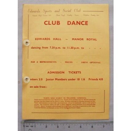 1960s unused notice Edwards High Vacuum Sports & Social Club Crawley Club Dance