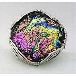 Pink Dichroic Glass Stainless Steel Adjustable Wire Wrap Ring 16