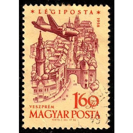 Hungary 1958 Airmail 1.60ft Used Stamp Aeroplane over landmark