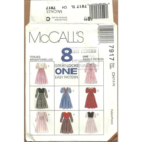 McCalls 7917 Sewing Pattern Girls' Zippered Dress 8 in One Size 7 8 used